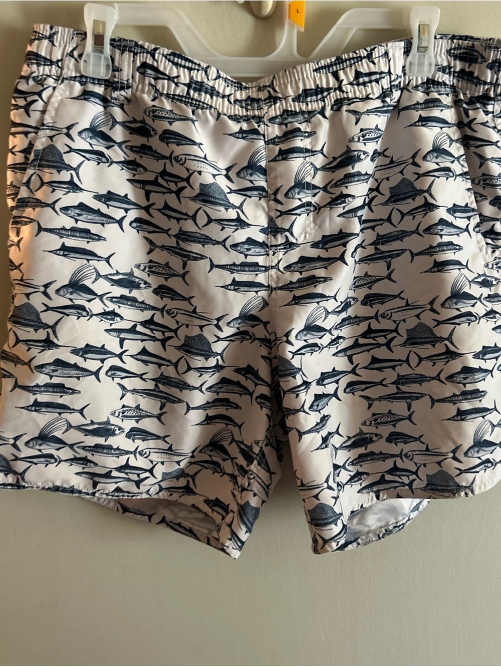 AFTCO White Swim Trunks with Navy Fish Print